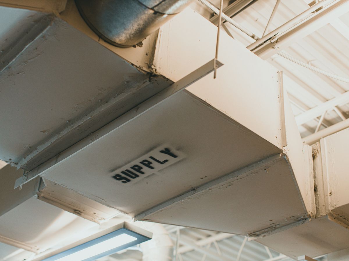 Supply air duct in a home HVAC system, showing ductwork and airflow